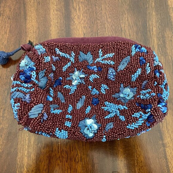 Anthropologie Handbags - Anthropologie Intricately Beaded Makeup Cosmetic Bag Pouch Floral 7" x 5"
